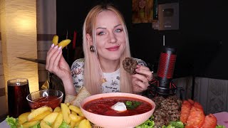 Mukbang | Борщ, Котлетки, Картофель | Borsch, Meatballs (Barbecue), Potatoes Не Asmr