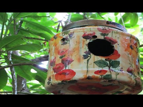 DIY Decoupage Plastic container to birdhouse