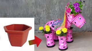 Recycle Discarded Plastic Pots into Pink Horse Planter Pots For Garden