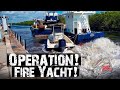 Giant Barge Removes Burned Yacht out of Biscayne Bay (Tow Boat Miami)