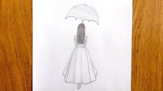 رسم سهل ||تعلم رسم بنت كيوت مع مظلة بالرصاص للمبتدئينHow to draw a girl with umbrella pencil sketch