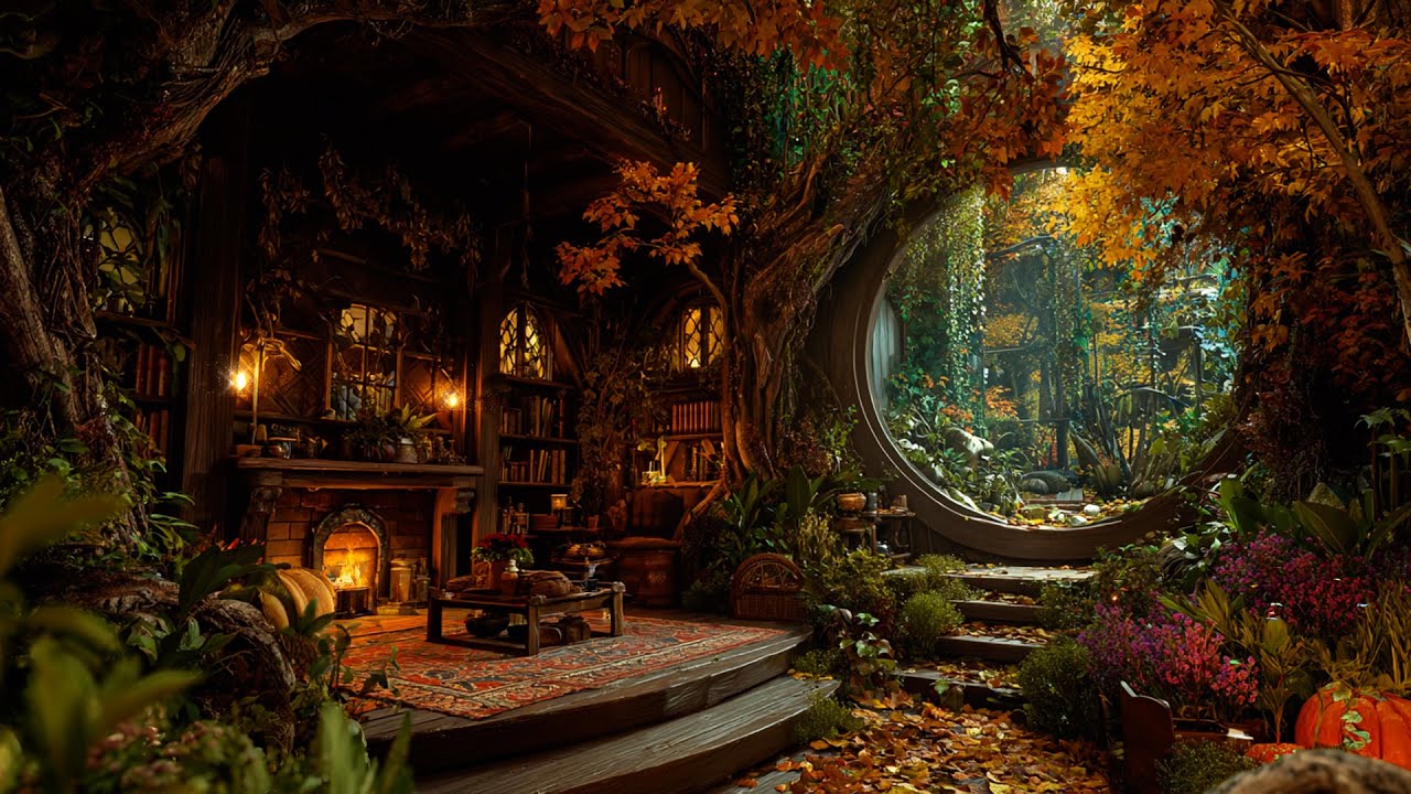 Cozy Fantasy Autumn Relaxing Nook 🍁 Soft Magical Flute Music & Fall Ambience ~ Heals Soul, Study