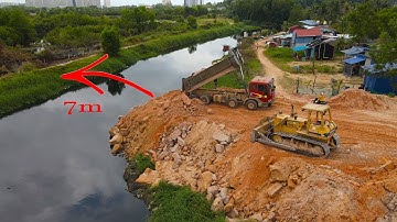 Really Great Excellent! Skill Operator Bulldozer Pushing Stone Building New Road Cross the canal