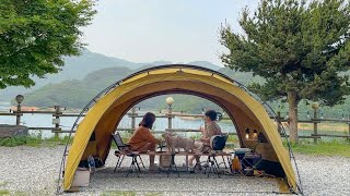 [ENG] Camping with puppies in view of the lake | Eating soju with lamb chops | Camping vlog