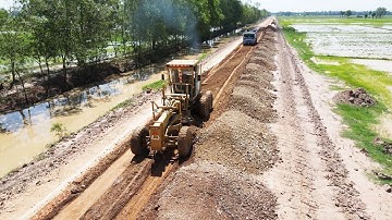Motor Grader Spreading Red Gravel Build New Road, Techniques Build Fast Road And Standard Road