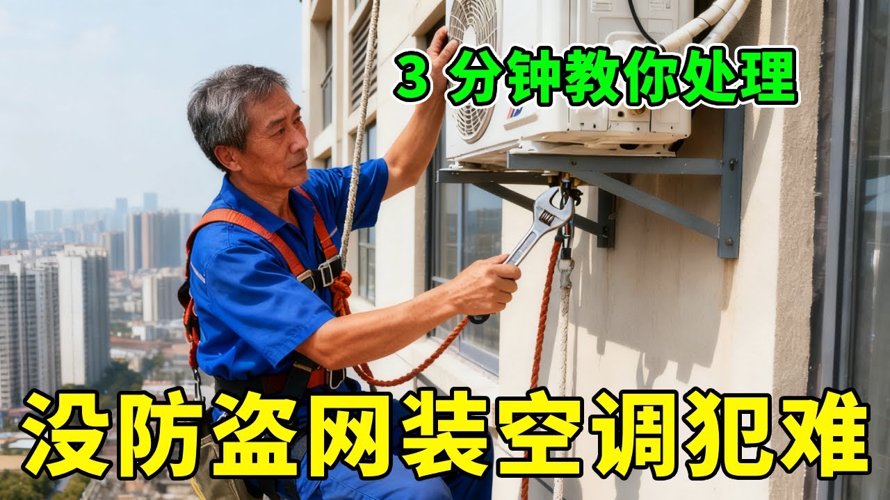 没防盗网装空调犯难？看钟师傅操作！高空作业守安全，极速售后不耽误【修空调的钟师傅】# 极速售后