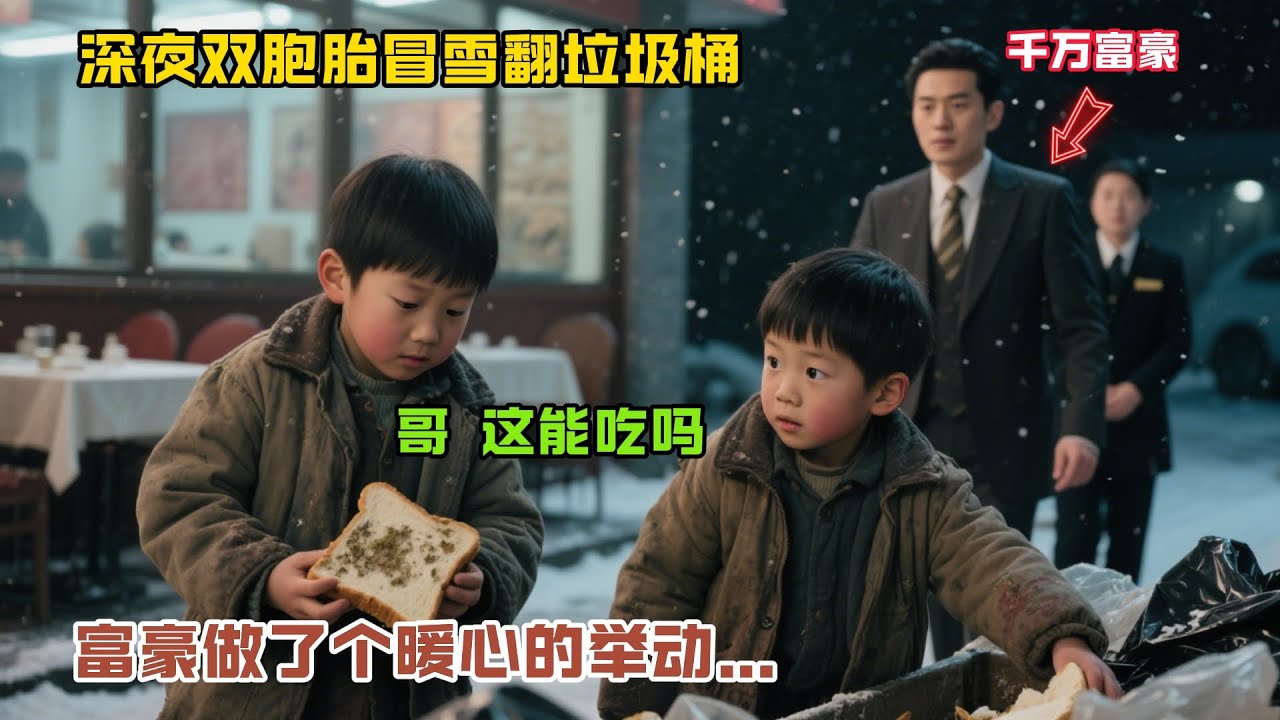 深夜餐厅后门，千万富豪撞见6岁双胞胎冒雪翻垃圾桶，他做了个暖心的举动…#故事分享#感人故事#故事频道