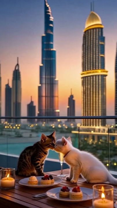 💕Cats on Roof Top Kittens in love Night scene💕Funny Cat Kiss Date💕Hello Kitty Dubai Tower💕pov AI fun