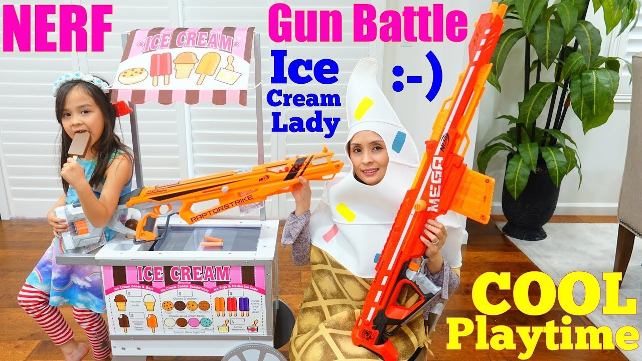 Hulyan and Maya's NERF WAR! Nerf Toy Gun Battle. Ice Cream Vendor