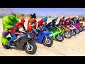 SUPERHEROES ON A MOTORCYCLES with SPIDERMAN JUMP Over The Wrecker TRUCKS - GTA 5