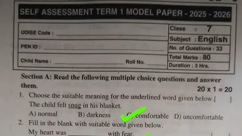 💯7th class English self assessment term 1 examination real question paper with answers key