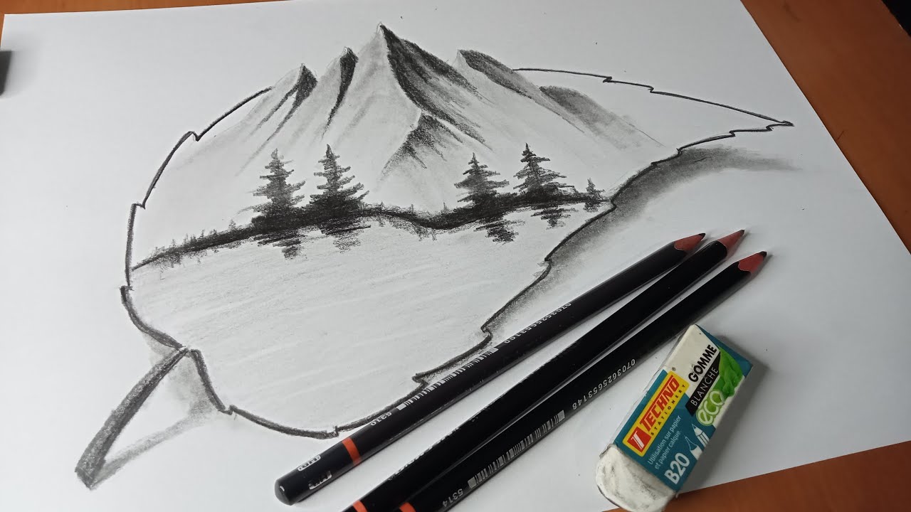 رسم | رسم منظر طبيعي بقلم الرصاص داخل ورقة شجر | رسم سهل | رسم منظر طبيعي | رسم 2024