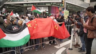 USSR Soviet and China Flag displayed at Pro-Palestine Protest outside of the United Nations