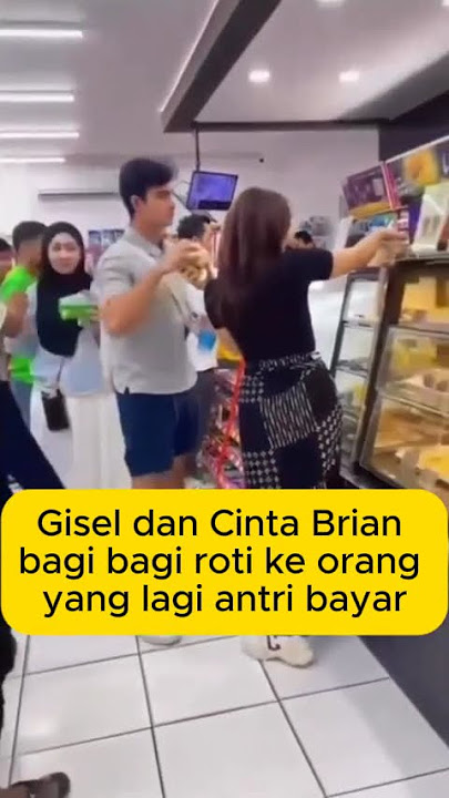 Gisel and Cinta Brian share bread with people queuing to pay at a minimarket