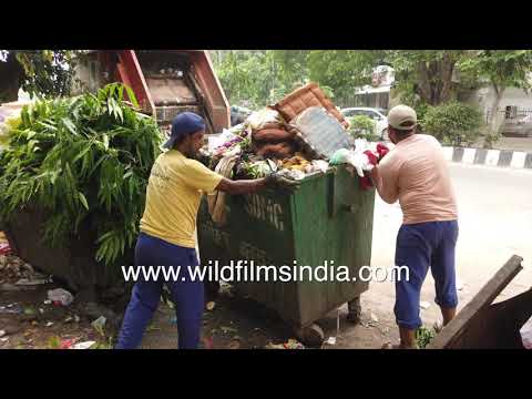 Municipal workers collect wet waste from green dumpsters in Delhi