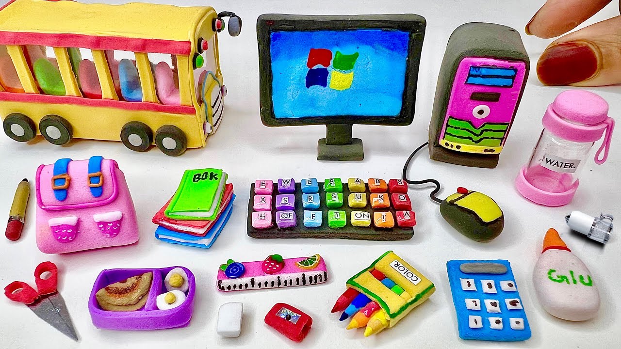 DIY How to make polymer clay miniature School Set, Computer, back to ...
