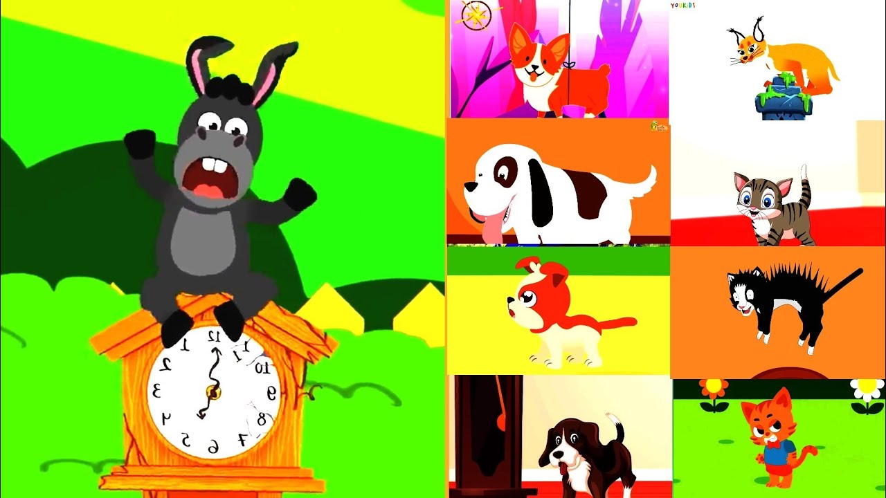 Hickory dickory dock ⏰Funny Donkey🦄 vs. Cat🙀 vs. Dog🐕🖌️⏱️