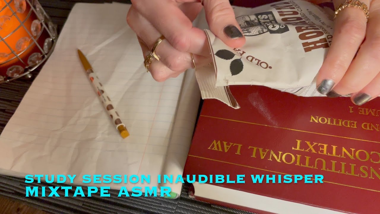 ASMR study session, inaudible whispering, hard candy mouth sounds, studying with rain background