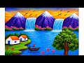 Easy Waterfall Scenery Drawing for Beginners | Mountain, House, Tree & River Drawing Step by Step