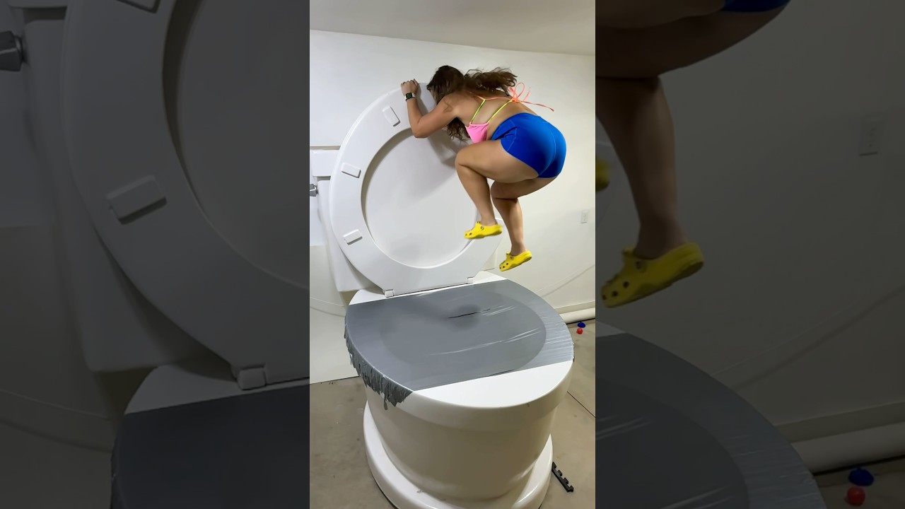 BIG BACKWARDS JUMP into the Giant Toilet Covered in Duct Tape 