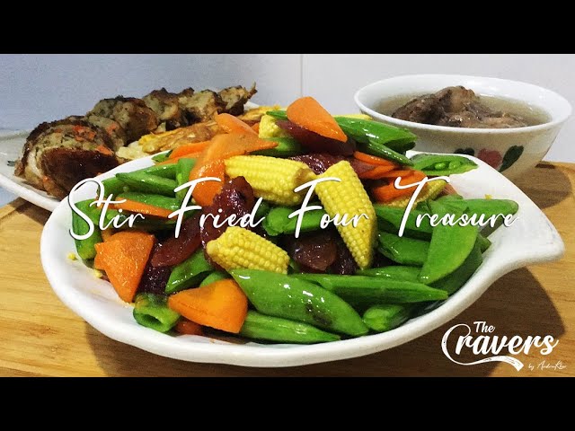 Stir Fried Four Treasure (Chinese Sausages, Baby Corns, Sweet Peas & Carrots | Confinement Meal class=