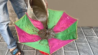 Cement + umbrella + iron mesh = Plant pots and fish tanks. Cement art for simple garden decoration.