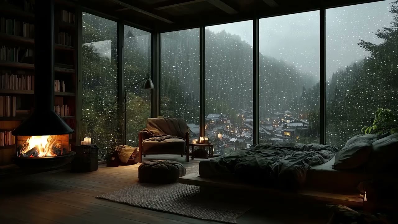 Deep Relaxation Rainstorm + Fire Crackling | No Music Ambience