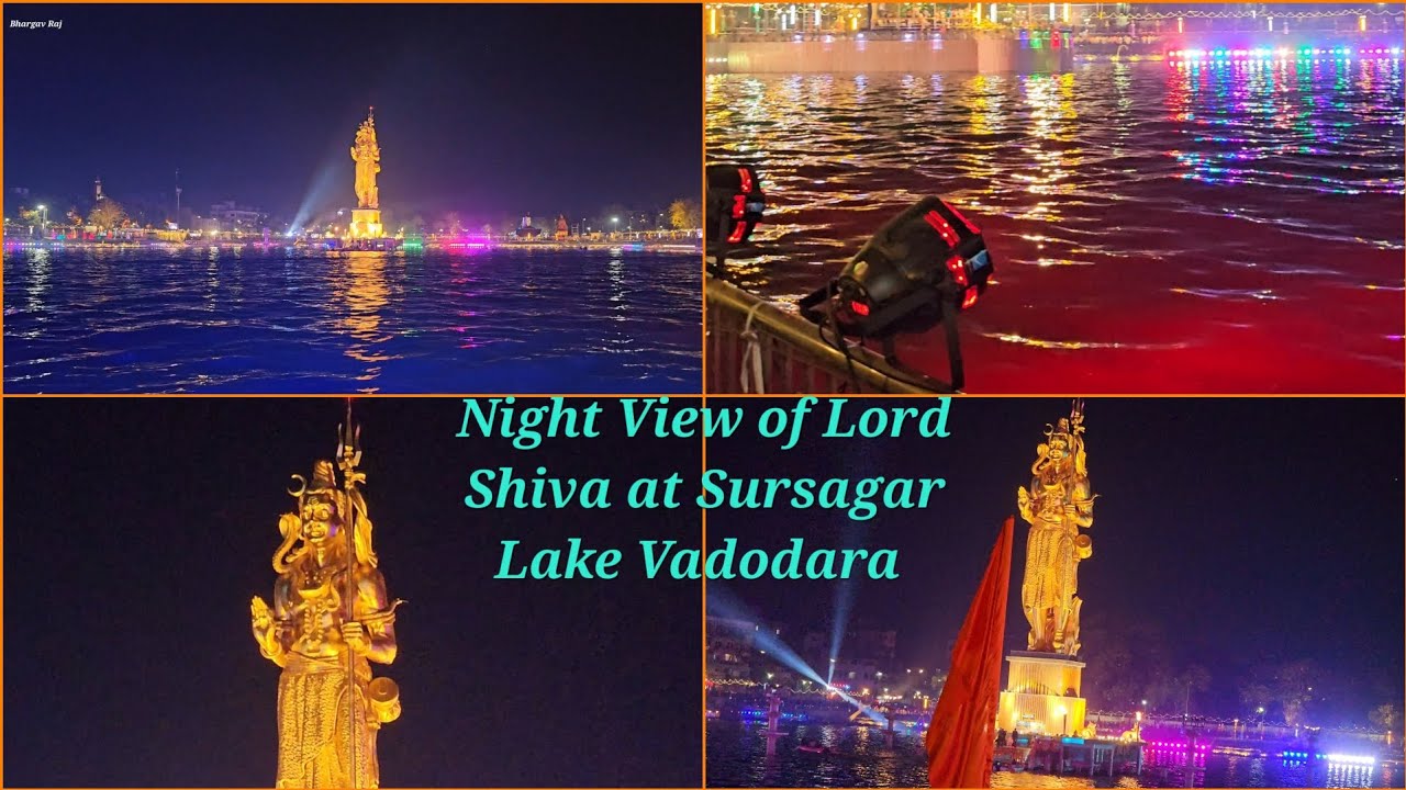 Night View of Gold Plated Statue of Lord Shiva at Sursagar Lake