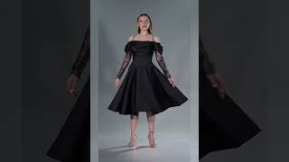 Siyah Dantelli Uzun Kol Midi Saten Davet Elbisesi Abk2552