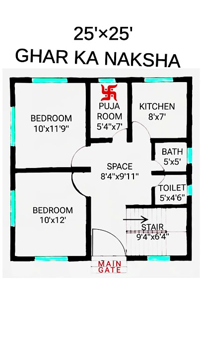 25 x 25 House Plan, 2 BHK With 🔱Puja Room, 25 by 25 Small House Map, #house #construction #home