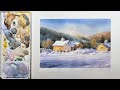 Easy watercolor painting landscape village at winter