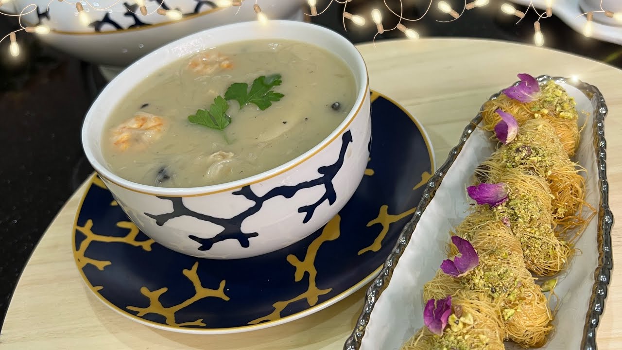 شهيوات رمضان شوربة كريمية فواكه البحر والدجاج اللي داقها كتعجبو رافقتها ب بريوات كنافة معسلة باللوز