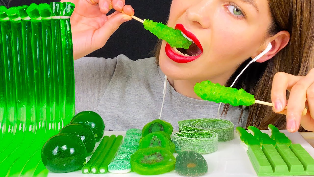 ASMR *GREEN FOOD* JELLY NOODLES & ROCK CANDY & JELLY CANDY, JELLY BALLS