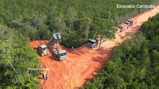 Amazing Project Building New Road By Bulldozer Pushing Soil & Dump Truck Dumping Soil On The Forest