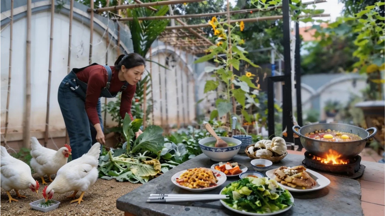 Thuy Garden Catching Worms, Feeding Chickens & Cooking Dinner Over Wood Fire Vietnam Garden to Table