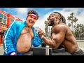 Fake fat suit prank at muscle beach