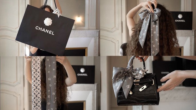 CHANEL Beige Black Script Silk Slim Twilly Scarf Bandeau