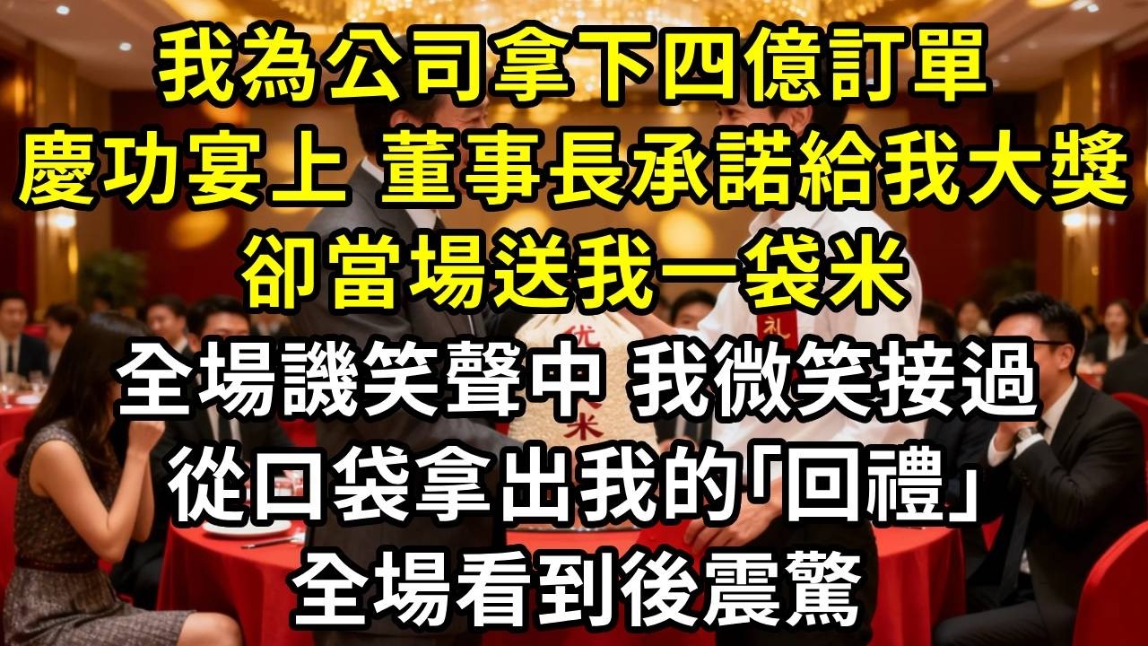 我為公司拿下四億訂單，慶功宴上，董事長承諾給我大獎，卻當場送我一袋米。全場譏笑聲中，我微笑接過，從口袋拿出我的｢回禮｣，全場震驚#高田小說社
