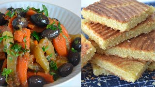 Galette Rekhssiss croquante texture d'un gâteau et un tajine carotte-navet aux olives et à l'agneau
