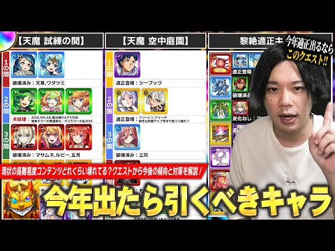 【モンスト】今年でたら引くべきキャラは?現環境の高難易度コンテンツ《天魔試練&空中庭園 / 黎絶》どれくらい壊れてる?『年始に向けた立ち回り』今後の傾向&対策をクエスト視点で解説!【しろ】