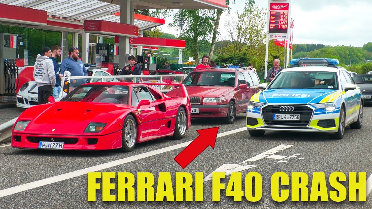 Cars Leaving Nürburgring Tankstelle - VOLVO CRASHED INTO FERRARI F40!