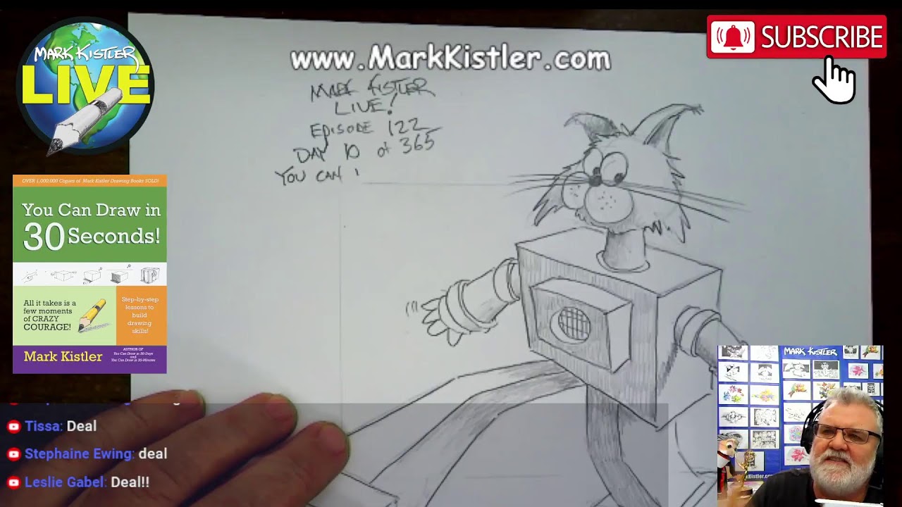 Mark Kistler LIVE! Episode 122: Let's draw Robbo-Kitty! Day 10 of 365! 