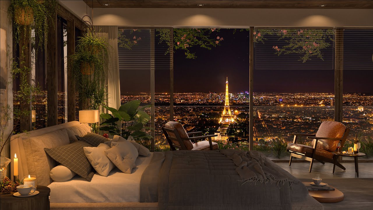 Paris Eiffel Tower View in Cozy Bedroom Ambience Relaxing Piano Jazz