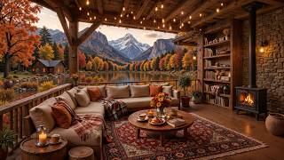 Gentle Fall Lakeside Cabin | Soft Jazz Melody with Crackling Fireplace & Fall Leaves for Unwind