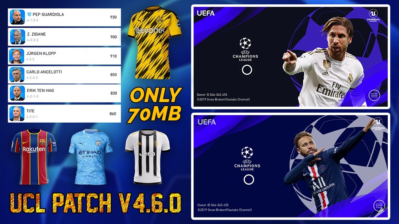 UCL Patch (v4.6.0) Pes 2020 Mobile | Full Licensed,50+ Managers Faces Added,ISL,Premier League