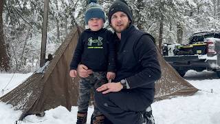 Hot Tent Camping With My Kid in a Snowstorm | First Time Winter Camping