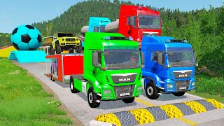 Double Flatbed Trailer Truck vs Speedbumps Train vs Cars | Tractor vs Train Beamng.Drive 059