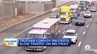 Trucker convoy protesting Covid measures slows traffic on D.C. Beltway