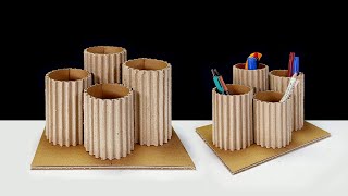 DIY Pencil Holder Organizer | Cardboard craft | ทำที่ใส่ดินสอ เครื่องเขียน 4 ช่อง จากลังกระดาษ