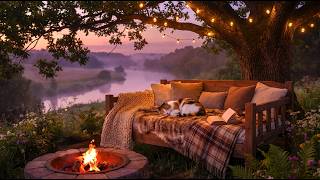 Cozy Cottagecore Riverside 🌸 Crackling Fire, Sleeping Cat & Fairy Lights |  Deep Sleep 8 Hours